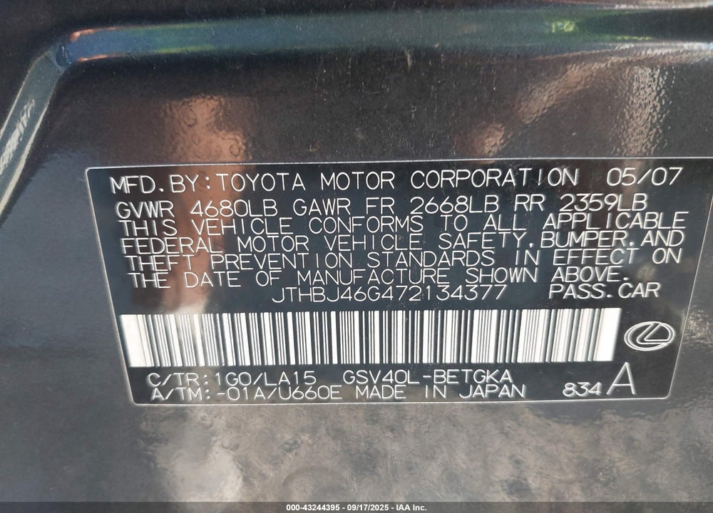 2007 LEXUS ES 350 VIN: JTHBJ46G472134377