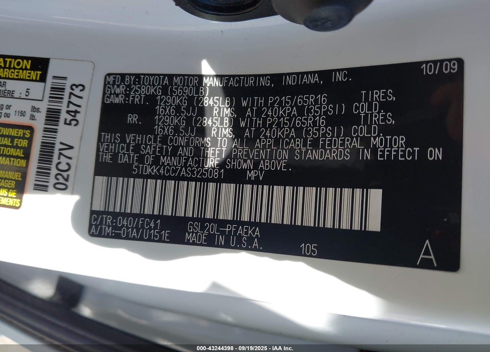 2010 TOYOTA SIENNA LE VIN: 5TDKK4CC7AS325081