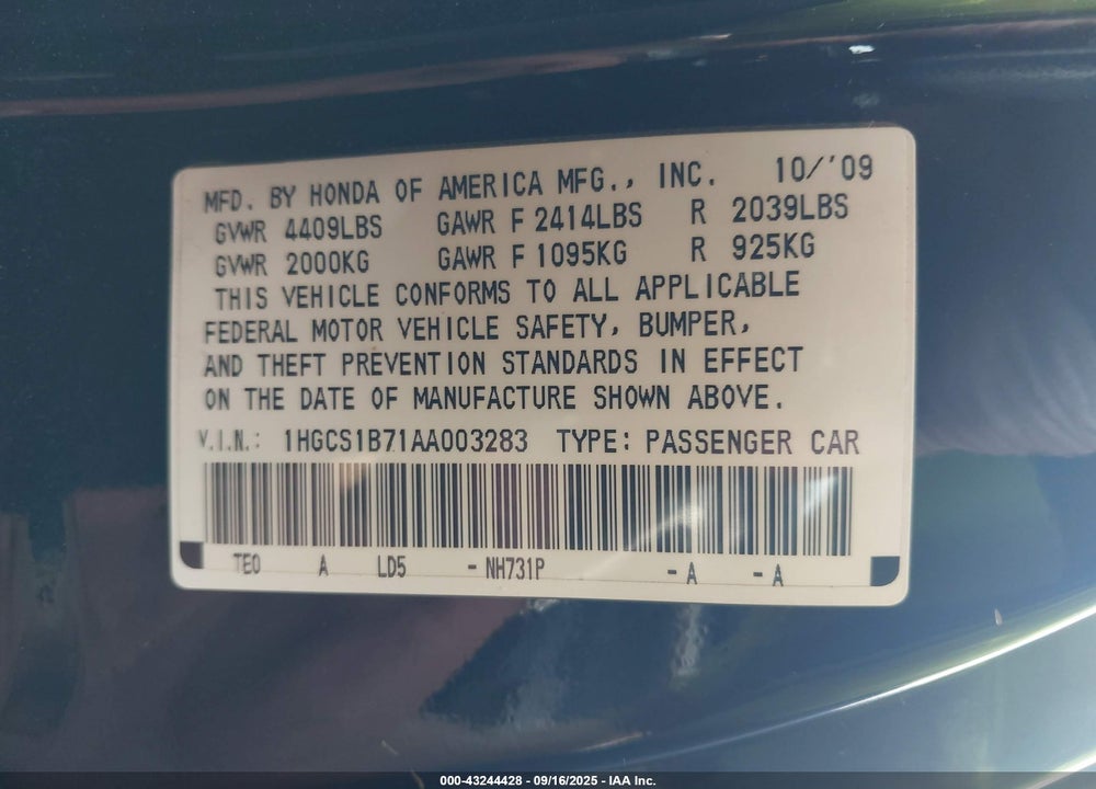 2010 HONDA ACCORD VIN: 1HGCS1B71AA003283