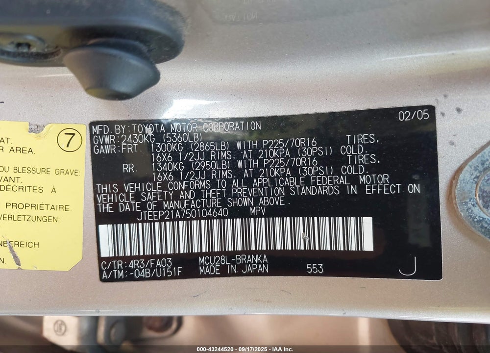 2005 TOYOTA HIGHLANDER V6 VIN: JTEEP21A750104640