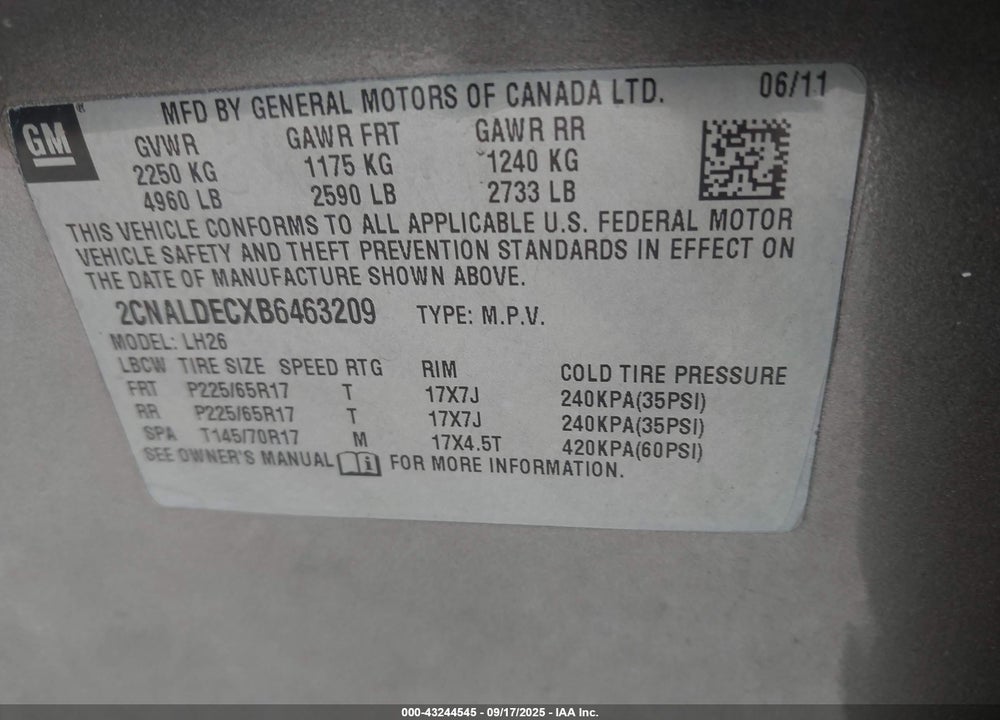 2011 CHEVROLET EQUINOX 1LT VIN: 2CNALDECXB6463209