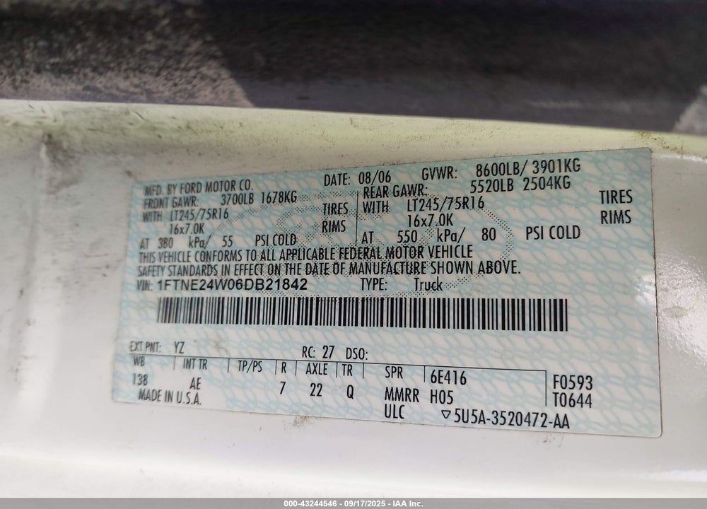 2006 FORD E-250 COMMERCIAL/RECREATIONAL VIN: 1FTNE24W06DB21842