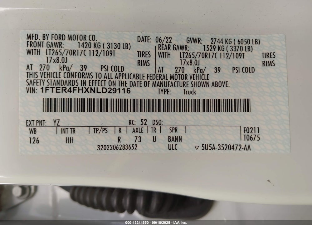 2022 FORD RANGER VIN: 1FTER4FHXNLD29116