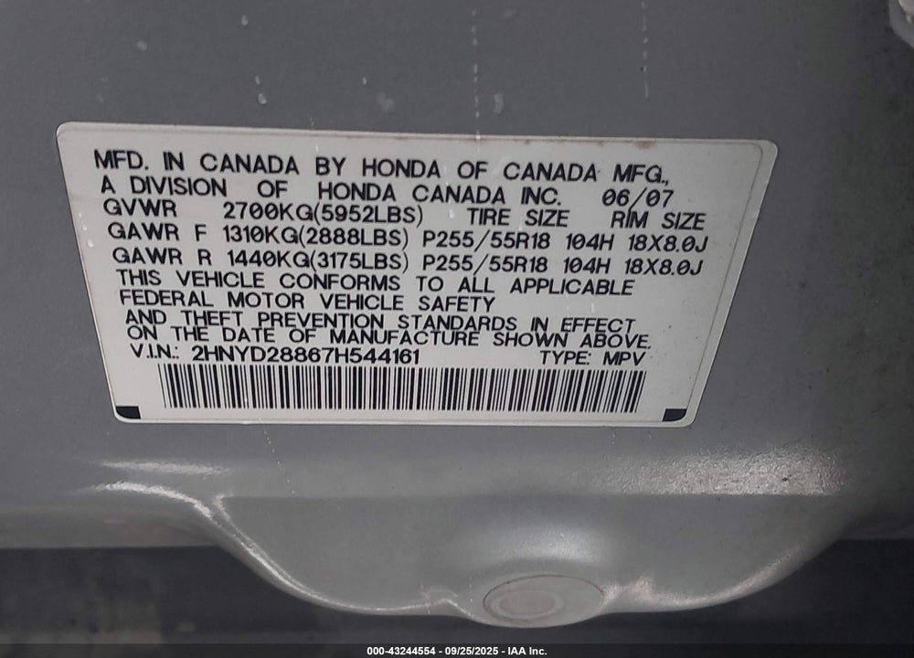 2007 ACURA MDX SPORT PACKAGE VIN: 2HNYD28867H544161