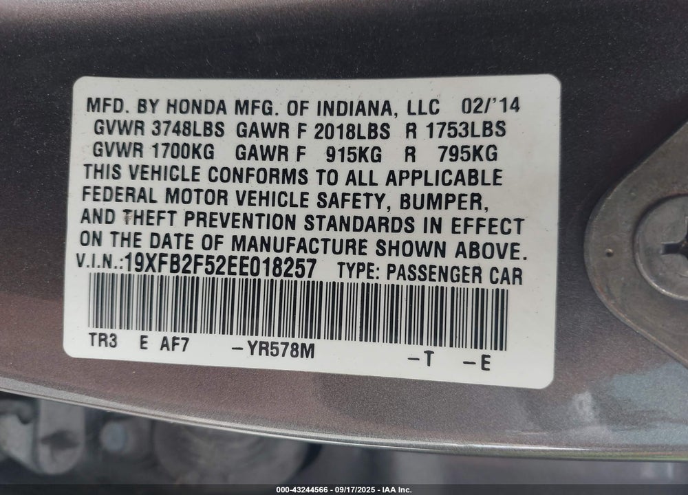 2014 HONDA CIVIC LX VIN: 19XFB2F52EE018257