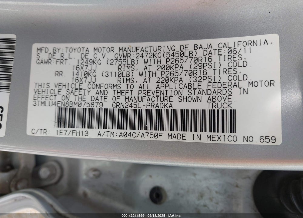 2011 TOYOTA TACOMA VIN: 3TMLU4EN8BM075879