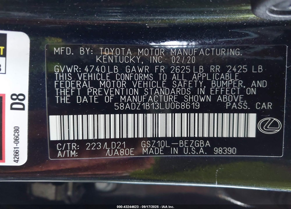 2020 LEXUS ES 350 VIN: 58ADZ1B13LU068619