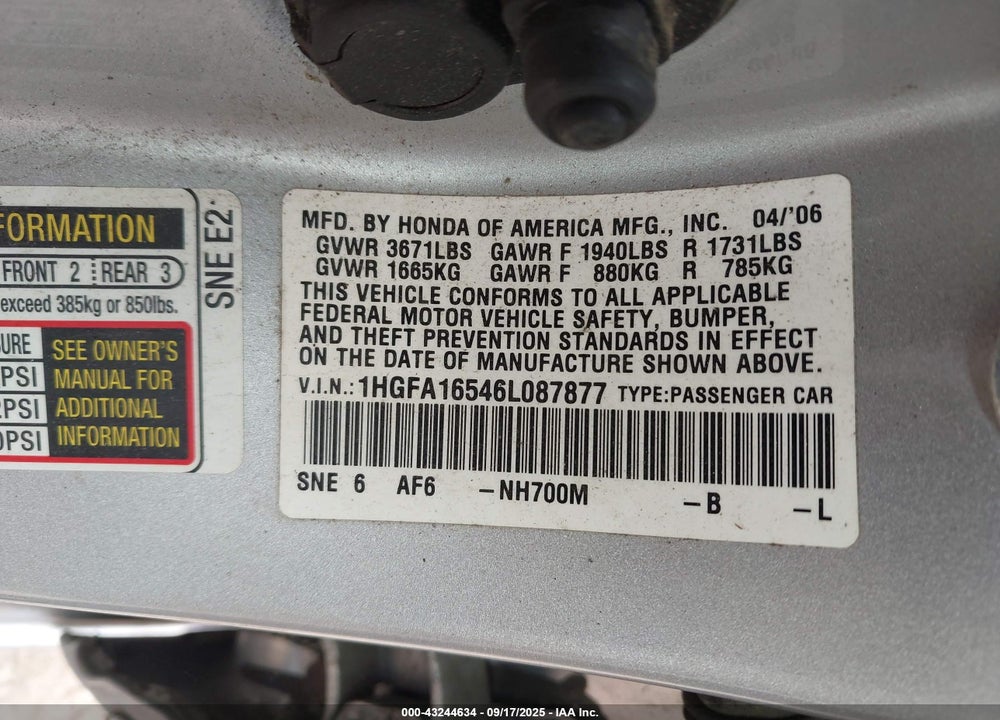 2006 HONDA CIVIC VIN: 1HGFA16546L087877