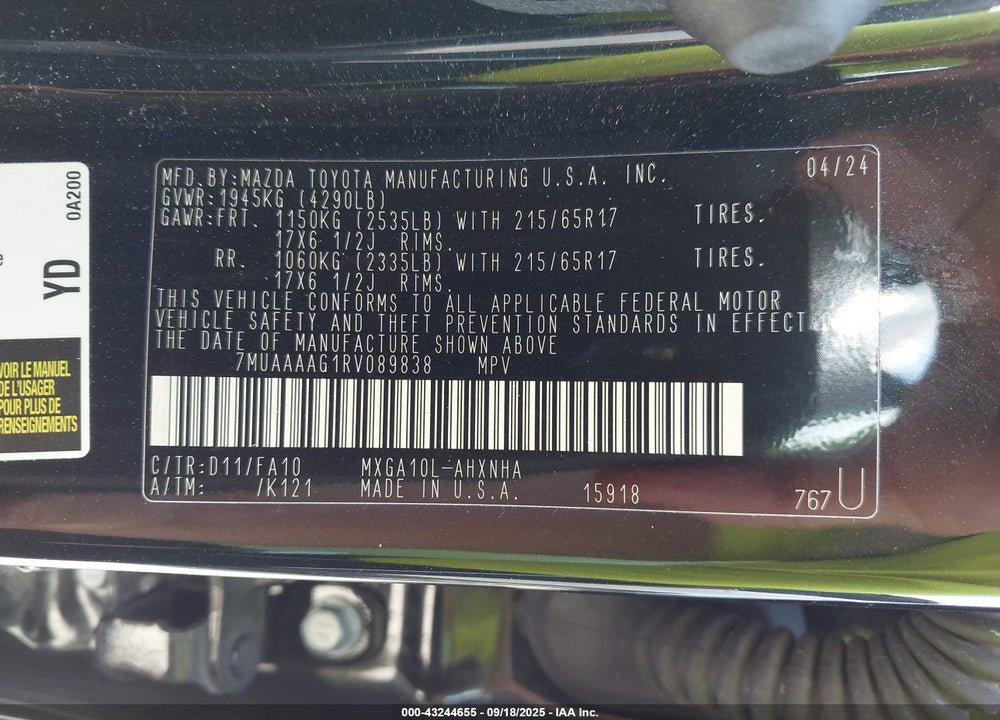 2024 TOYOTA COROLLA CROSS L VIN: 7MUAAAAG1RV089838