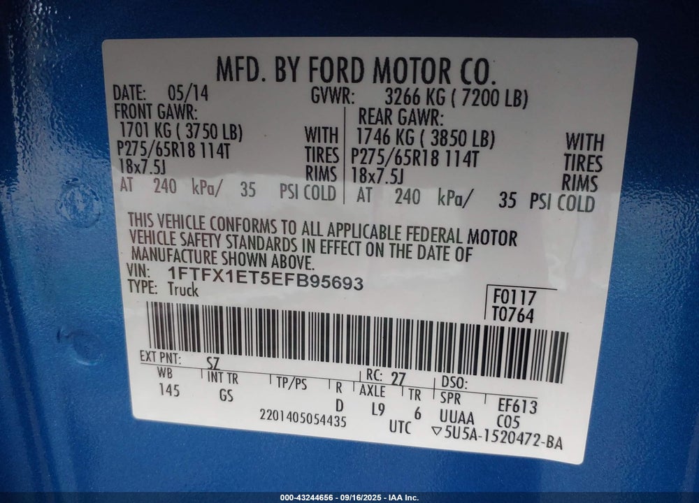 2014 FORD F-150 XLT VIN: 1FTFX1ET5EFB95693