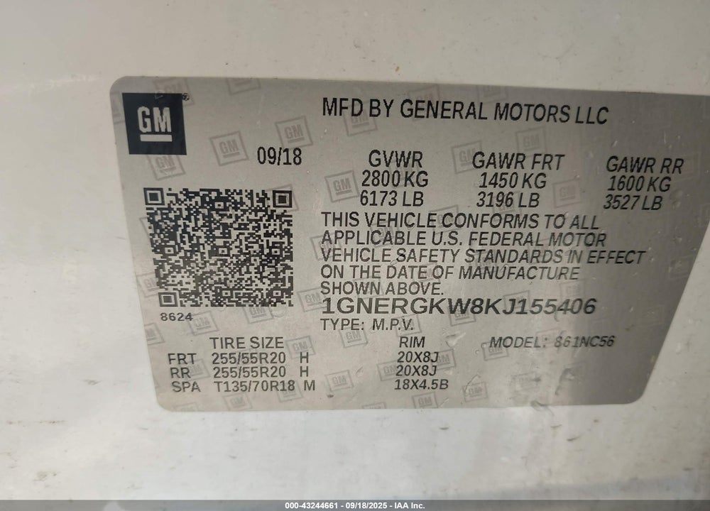 2019 CHEVROLET TRAVERSE 1LT VIN: 1GNERGKW8KJ155406
