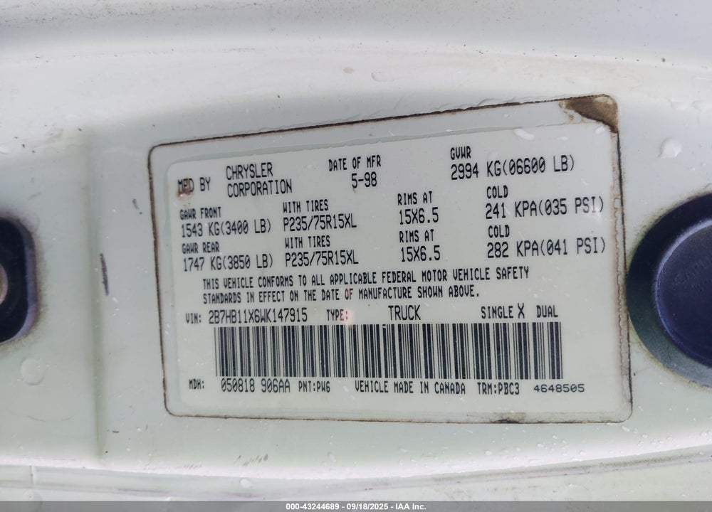 1998 DODGE RAM VAN 1500 COMMERCIAL/CONVERSION VIN: 2B7HB11X6WK147915
