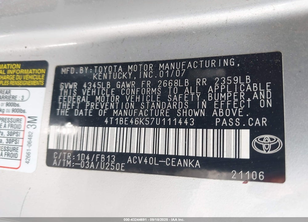 2007 TOYOTA CAMRY LE VIN: 4T1BE46K57U111443