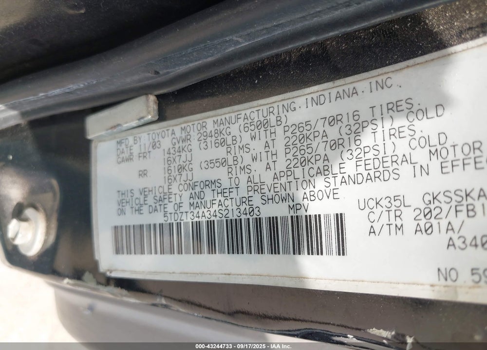 2004 TOYOTA SEQUOIA SR5 VIN: 5TDZT34A34S213403