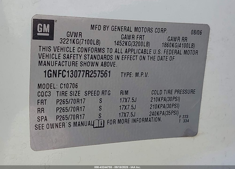 2007 CHEVROLET TAHOE VIN: 1GNFC13077R257561