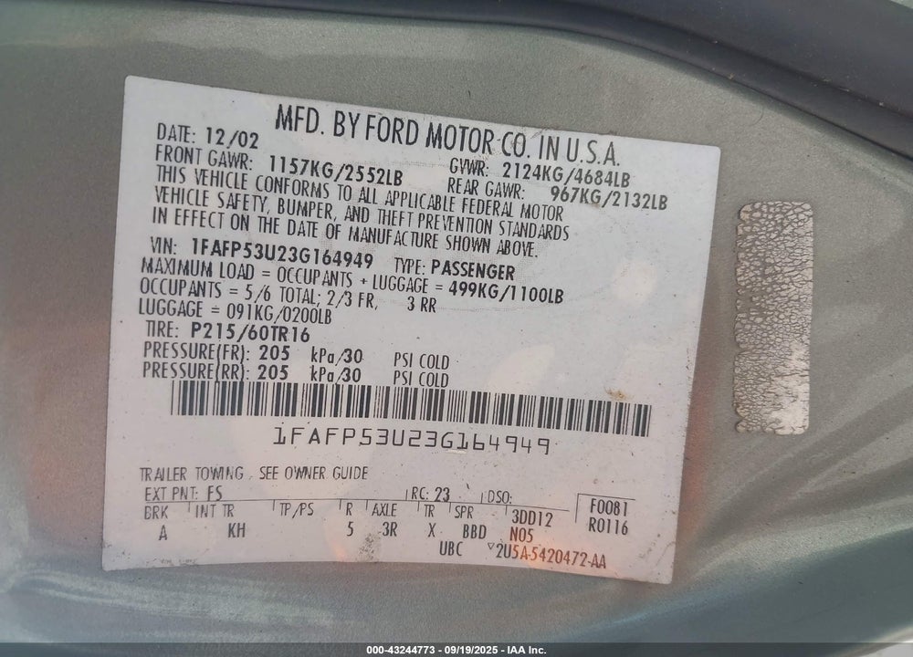 2003 FORD TAURUS SE VIN: 1FAFP53U23G164949