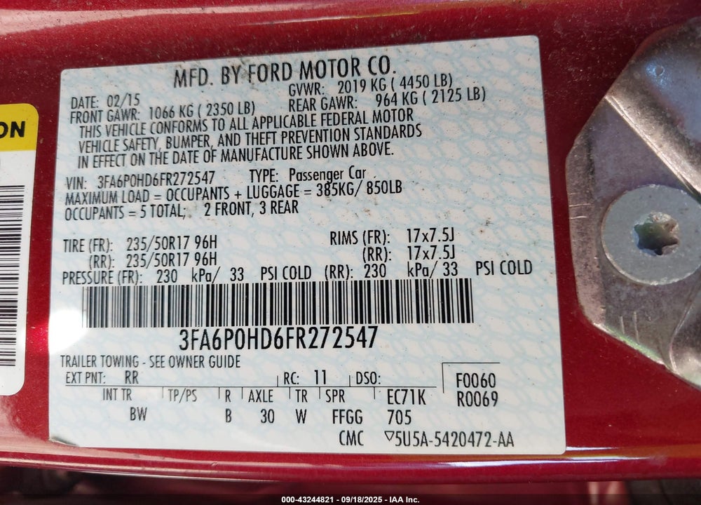 2015 FORD FUSION SE VIN: 3FA6P0HD6FR272547