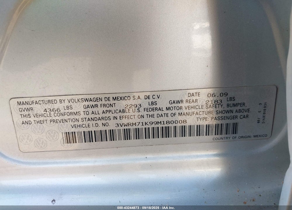 2009 VOLKSWAGEN JETTA VIN: 3VWRM71K99M180008