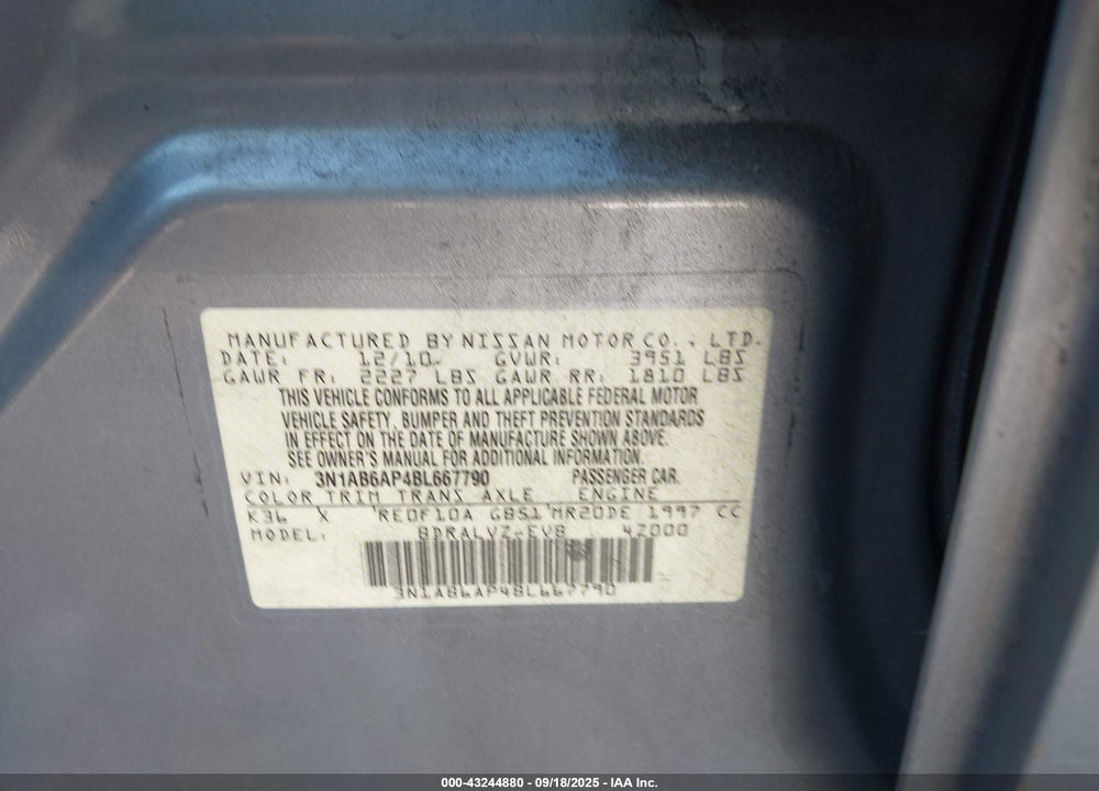 2011 NISSAN SENTRA VIN: 3N1AB6AP4BL667790