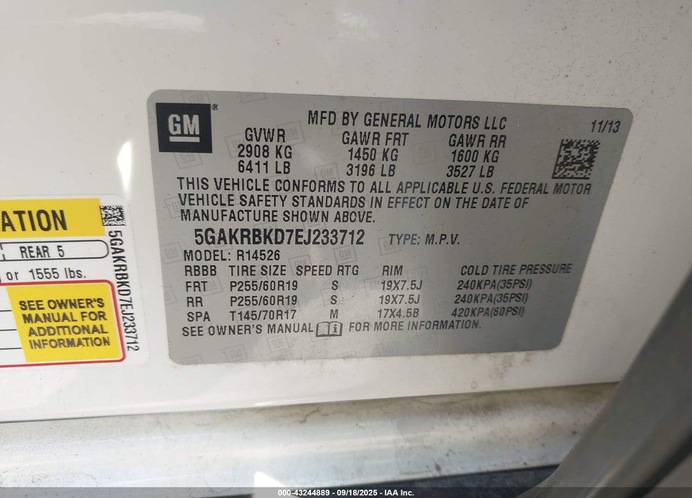 2014 BUICK ENCLAVE VIN: 5GAKRBKD7EJ233712