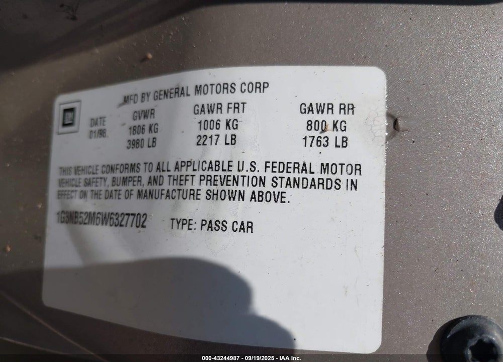 1998 OLDSMOBILE CUTLASS GL VIN: 1G3NB52M6W6327702