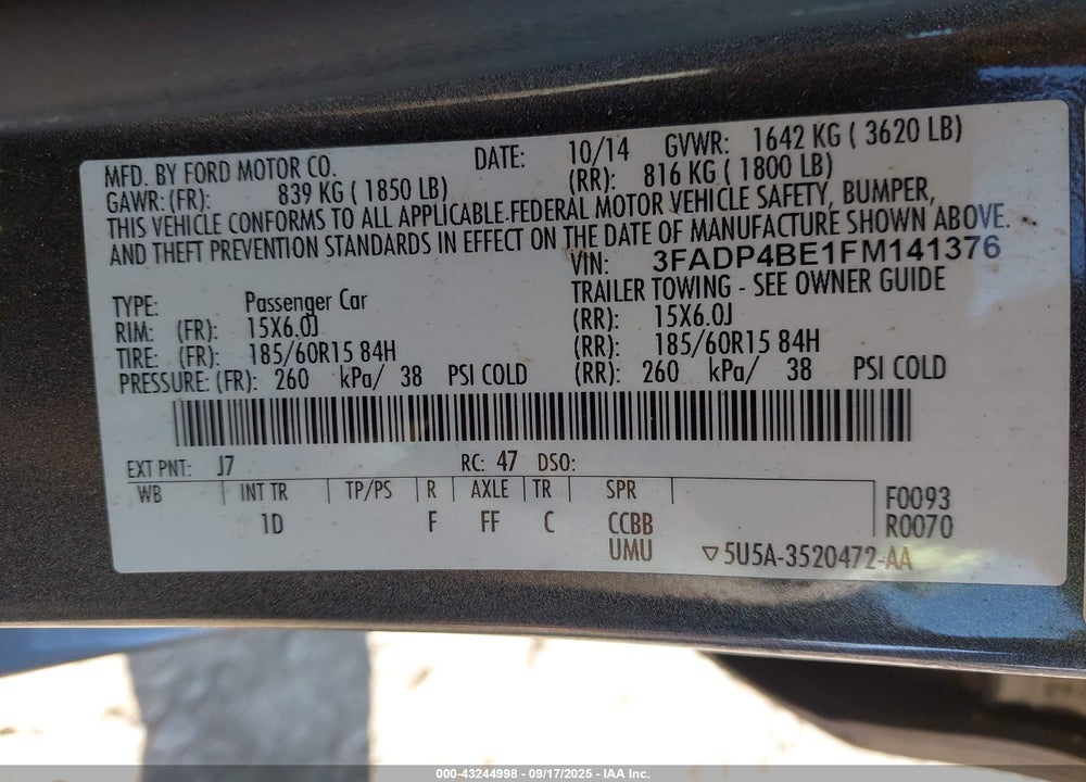 2015 FORD FIESTA VIN: 3FADP4BE1FM141376
