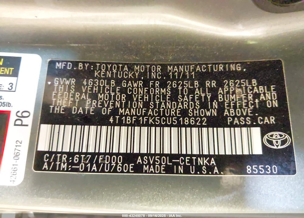 2012 TOYOTA CAMRY VIN: 4T1BF1FK5CU518622