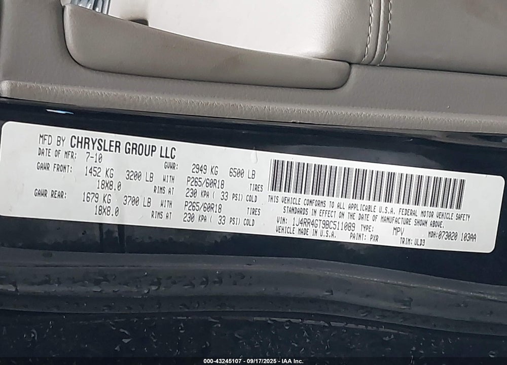 2011 JEEP GRAND CHEROKEE VIN: 1J4RR4GT9BC511089