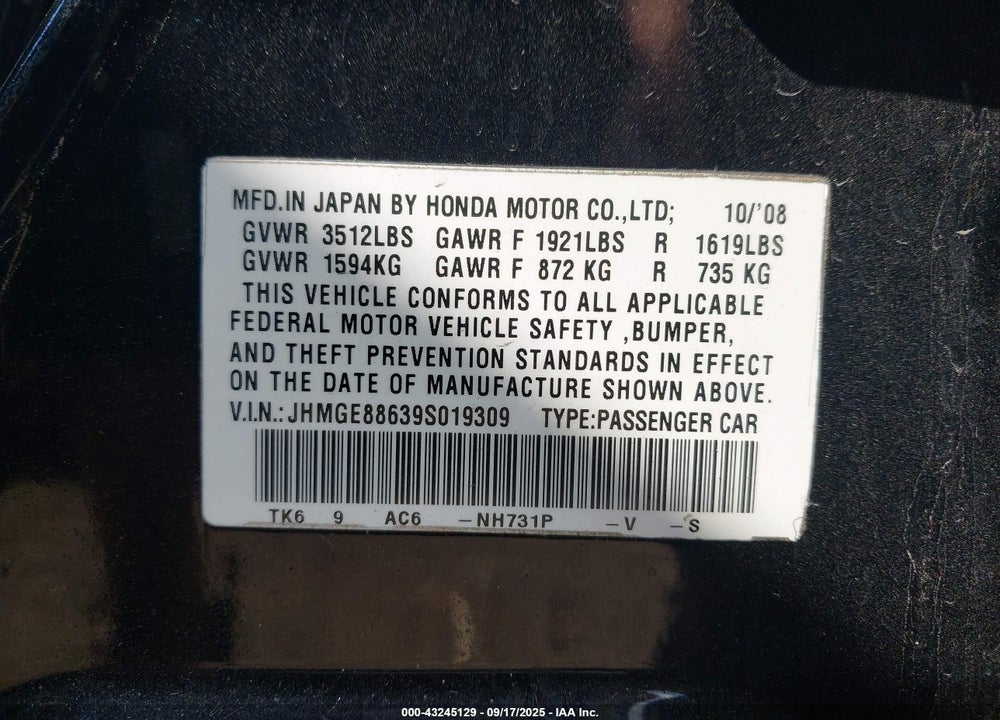 2009 HONDA FIT VIN: JHMGE88639S019309