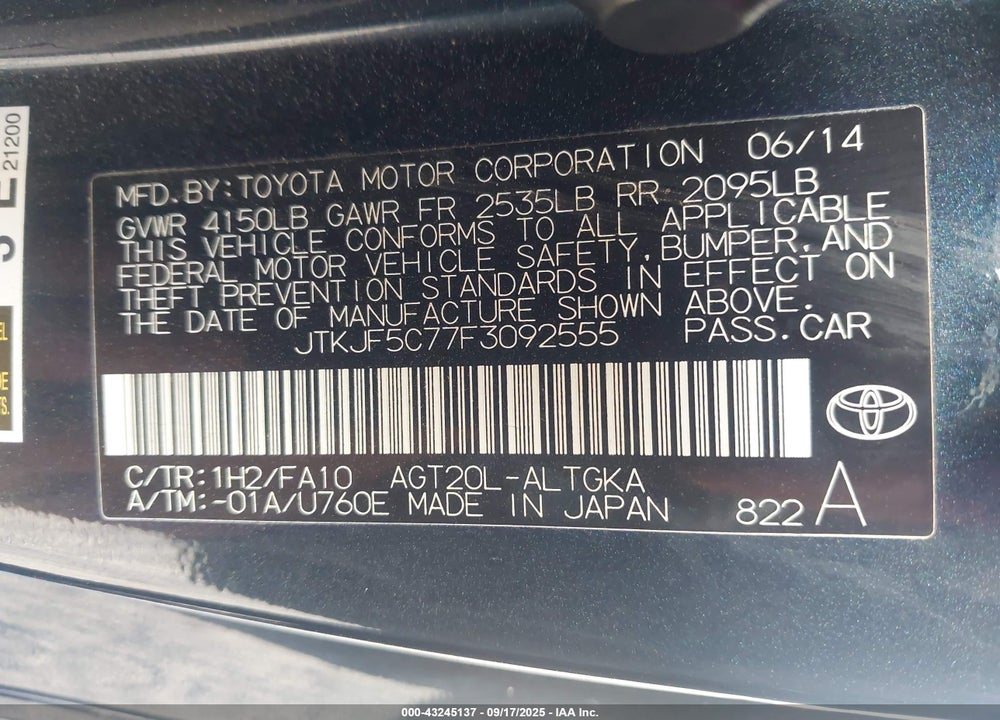 2015 SCION TC VIN: JTKJF5C77F3092555