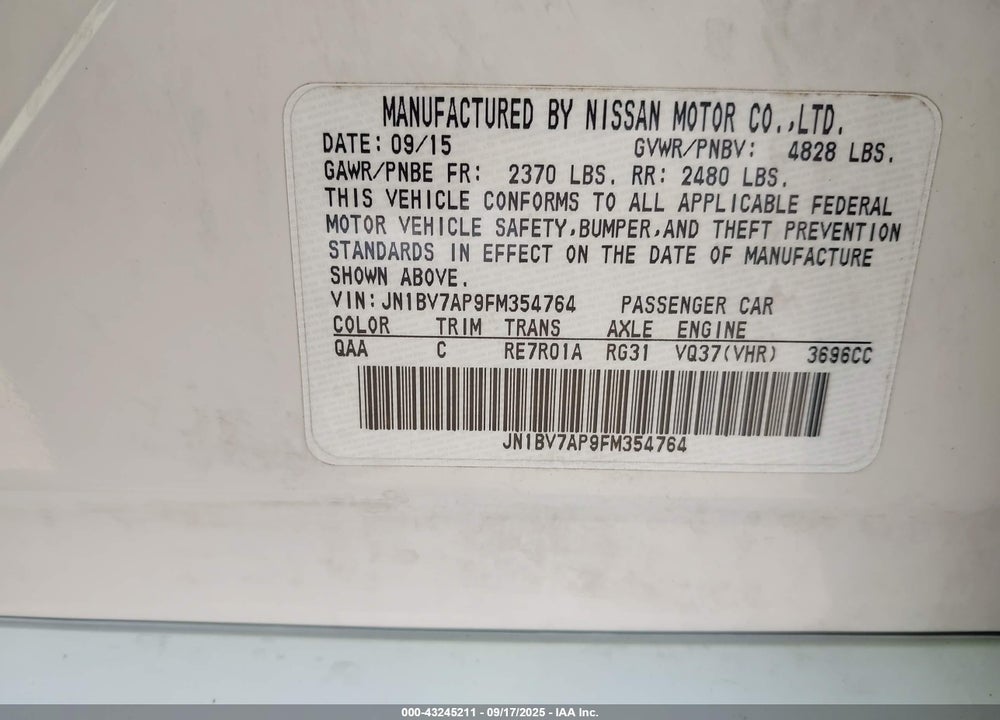2015 INFINITI Q50 PREMIUM VIN: JN1BV7AP9FM354764