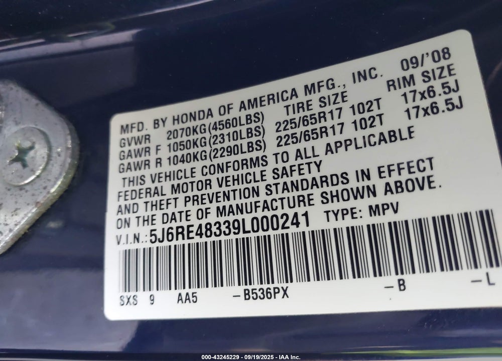 2009 HONDA CR-V VIN: 5J6RE48339L000241