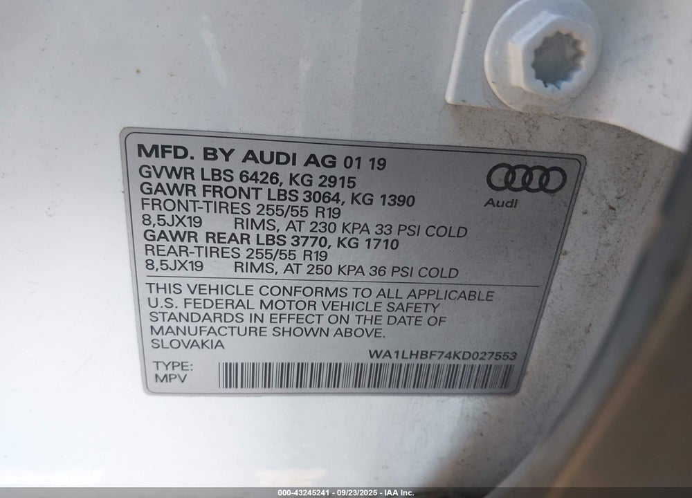 2019 AUDI Q7 VIN: WA1LHBF74KD027553