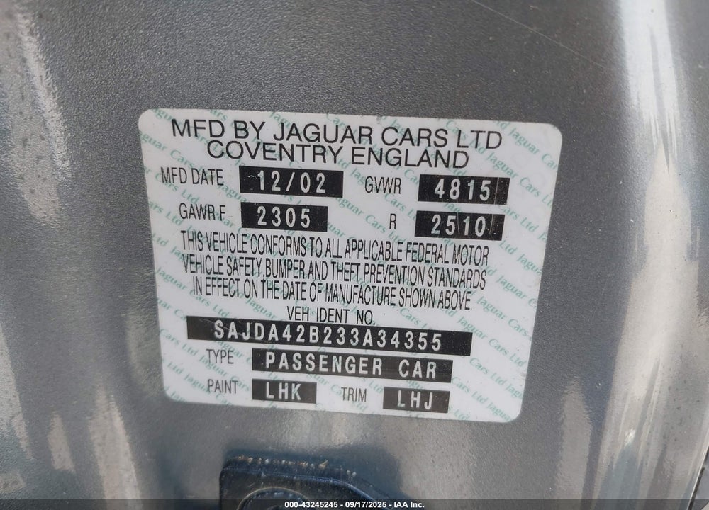 2003 JAGUAR XKR VIN: SAJDA42B233A34355