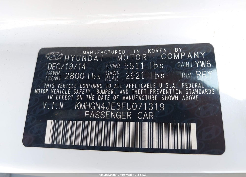 2015 HYUNDAI GENESIS 3.8 VIN: KMHGN4JE3FU071319