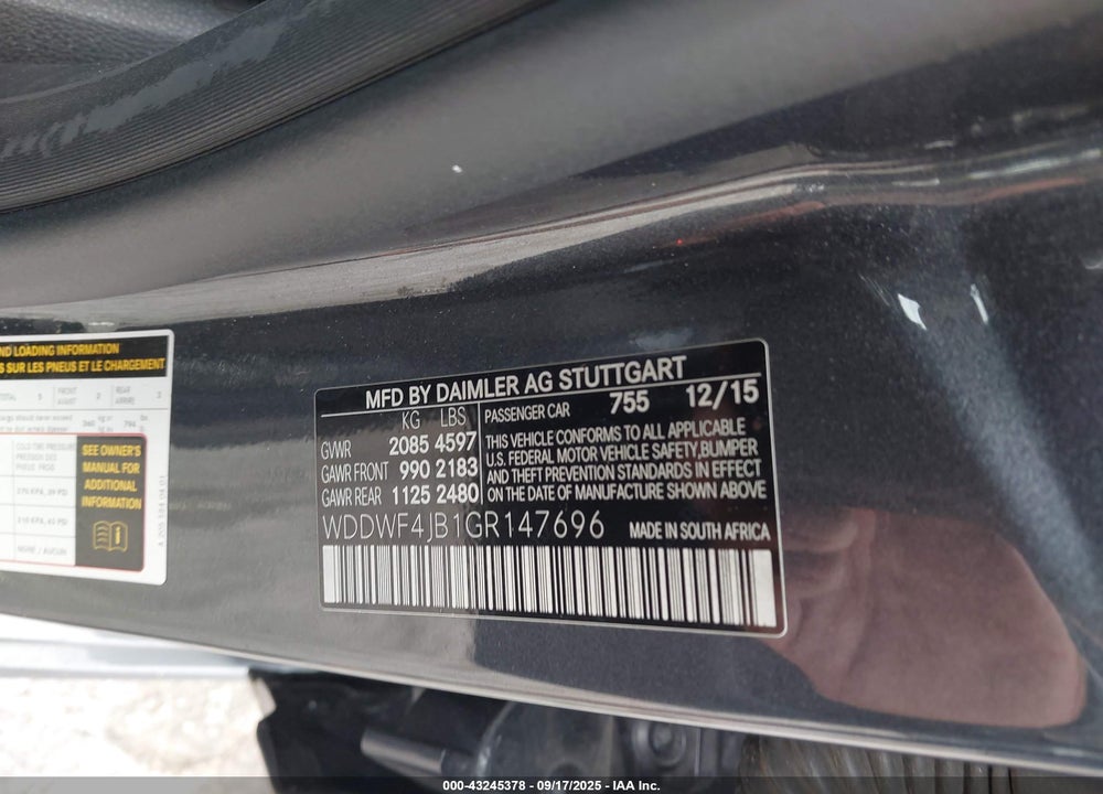 2016 MERCEDES-BENZ C CLASS VIN: WDDWF4JB1GR147696