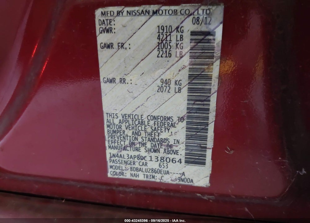 2013 NISSAN ALTIMA 2.5 SV VIN: 1N4AL3AP8DC138064