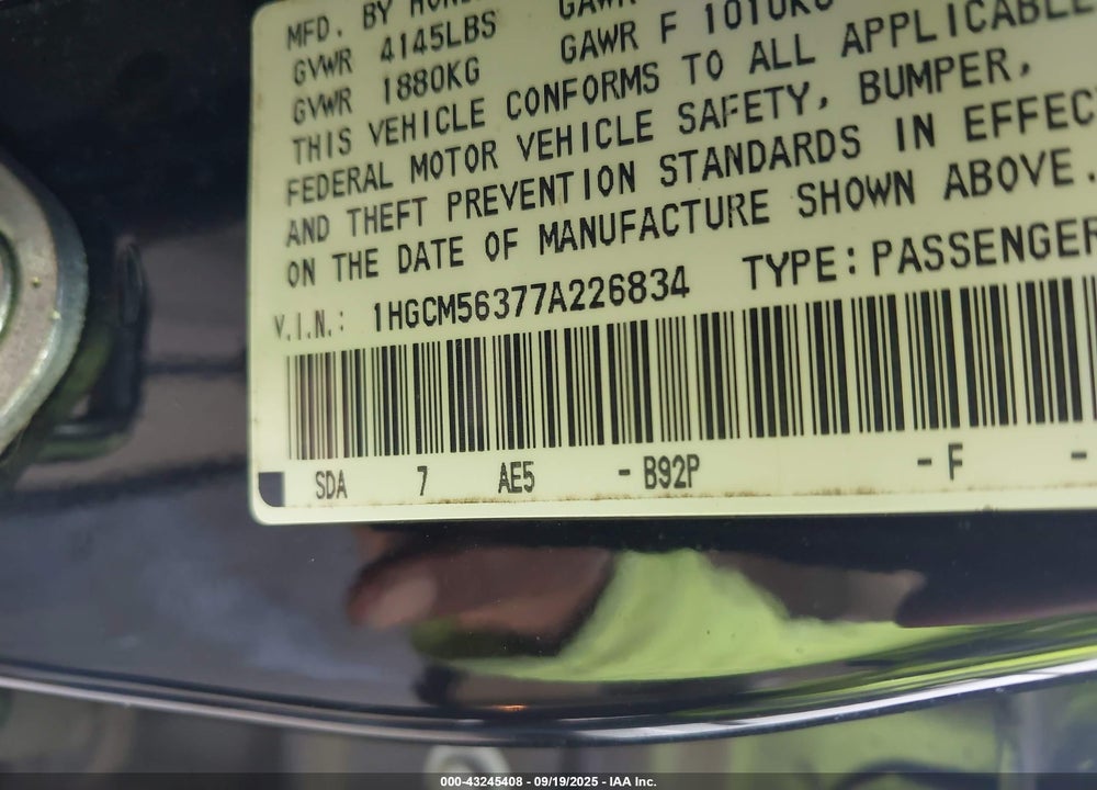 2007 HONDA ACCORD 2.4 SE VIN: 1HGCM56377A226834