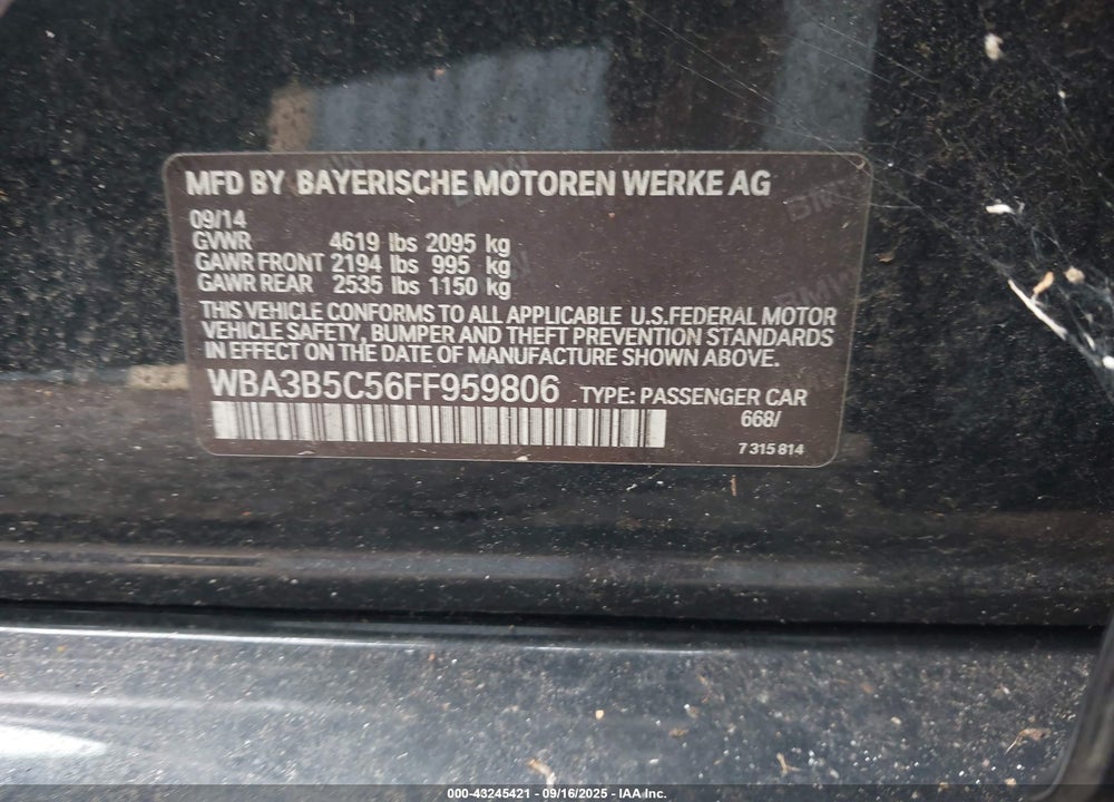 2015 BMW 3 SERIES VIN: WBA3B5C56FF959806