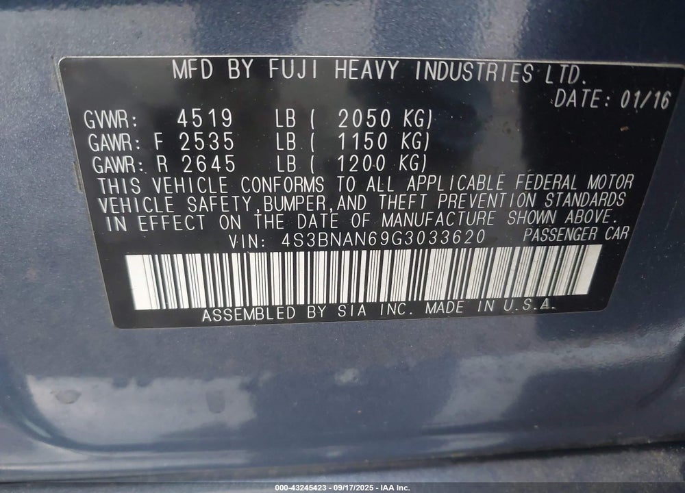 2016 SUBARU LEGACY 2.5I LIMITED VIN: 4S3BNAN69G3033620