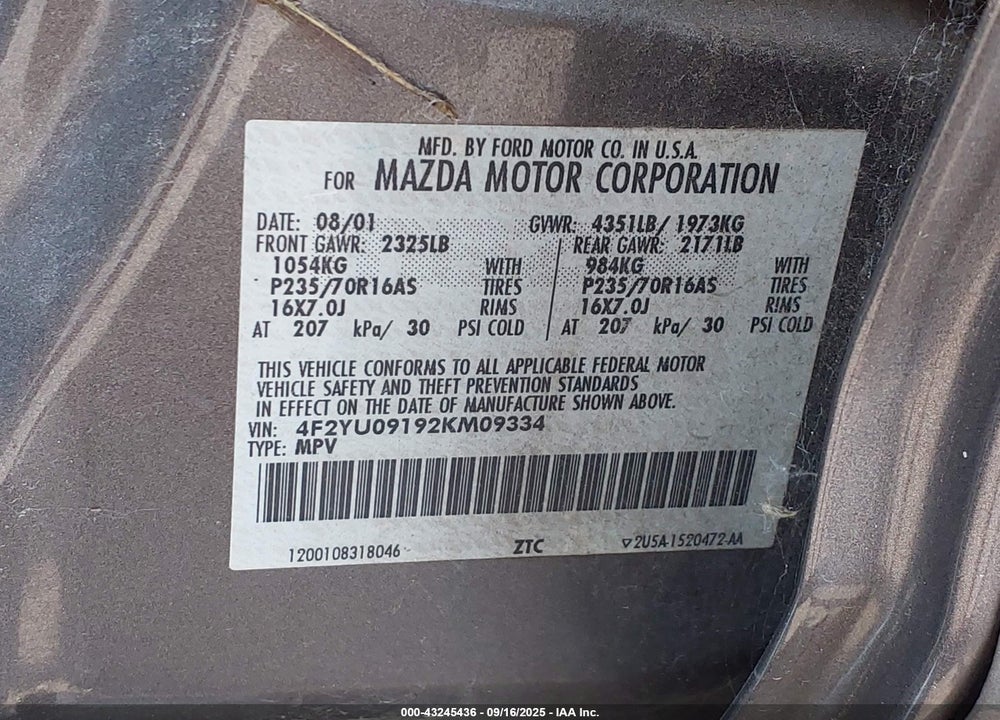 2002 MAZDA TRIBUTE ES V6/LX V6 VIN: 4F2YU09192KM09334