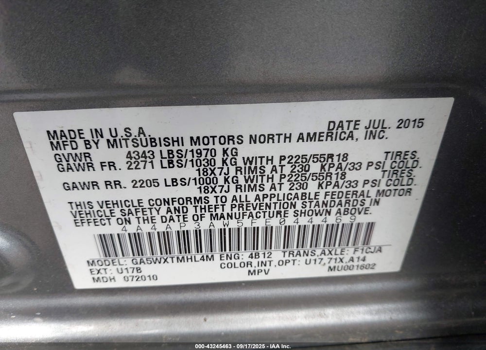 2015 MITSUBISHI OUTLANDER SPORT VIN: 4A4AP3AW5FE044469