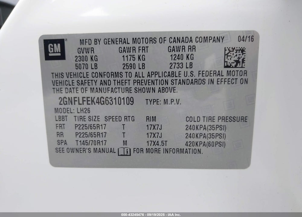 2016 CHEVROLET EQUINOX LT VIN: 2GNFLFEK4G6310109