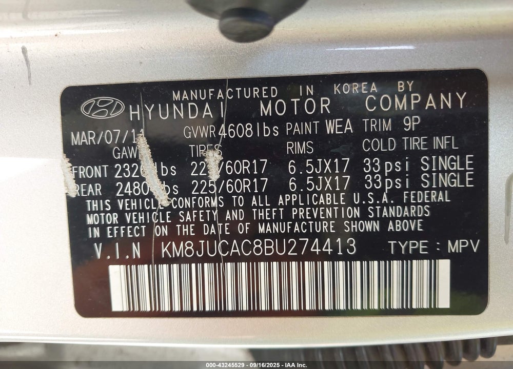 2011 HYUNDAI TUCSON VIN: KM8JUCAC8BU274413