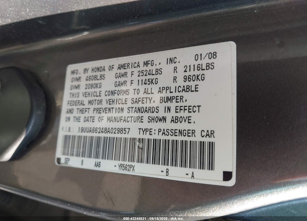 2008 ACURA TL 3.2 VIN: 19UUA66248A029857