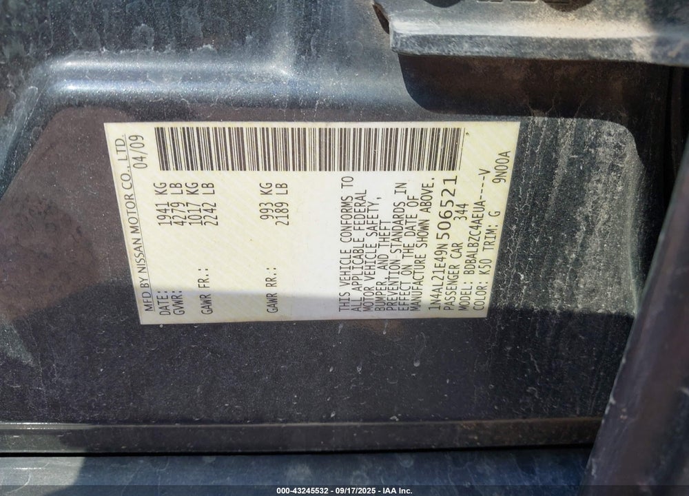 2009 NISSAN ALTIMA VIN: 1N4AL21E49N506521