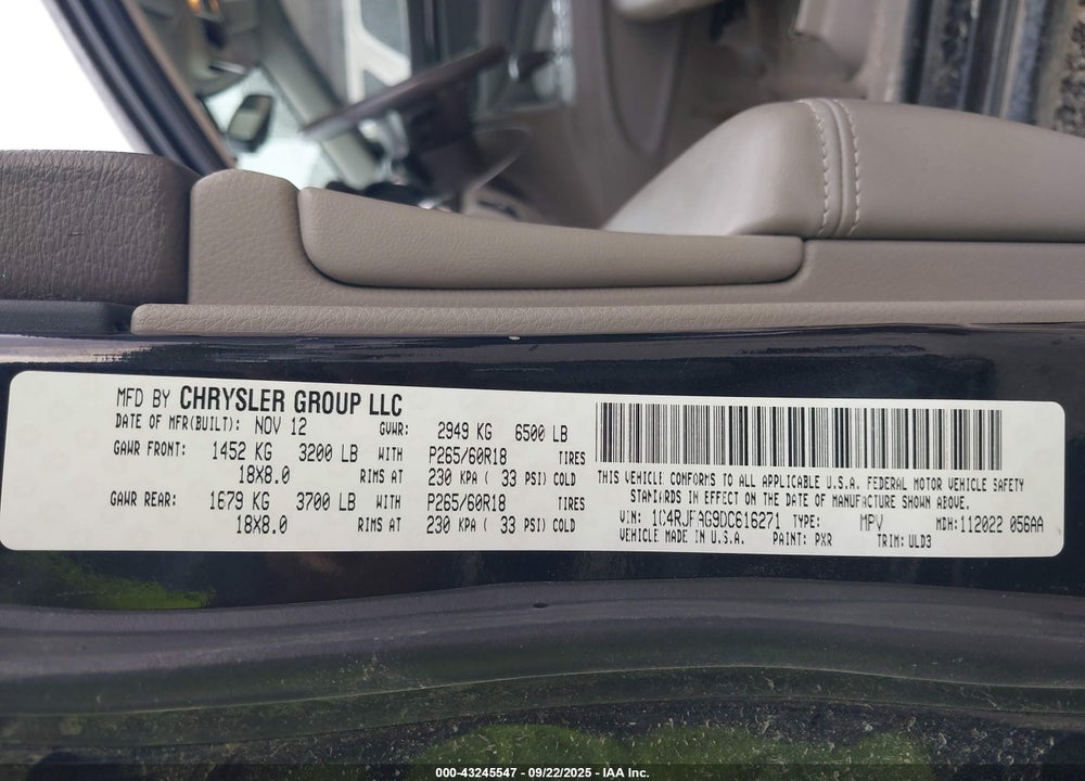 2013 JEEP GRAND CHEROKEE VIN: 1C4RJFAG9DC616271