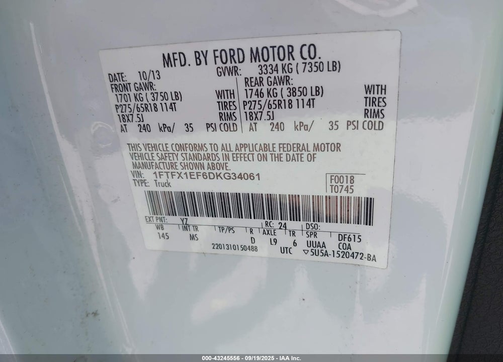 2013 FORD F-150 VIN: 1FTFX1EF6DKG34061