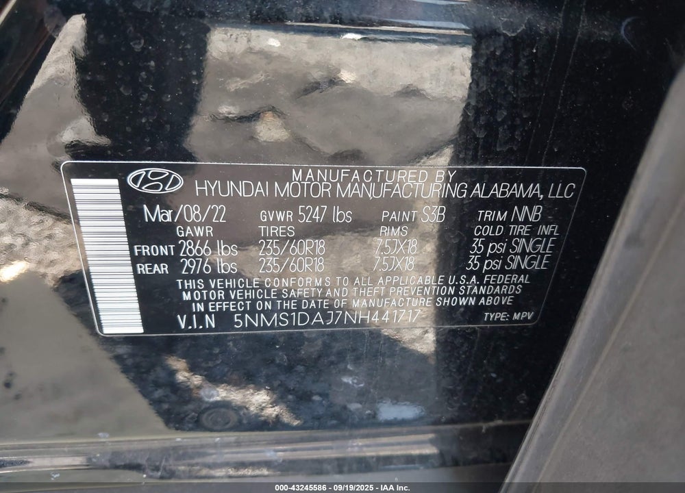 2022 HYUNDAI SANTA FE SE VIN: 5NMS1DAJ7NH441717