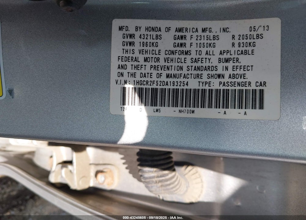2013 HONDA ACCORD VIN: 1HGCR2F52DA193254